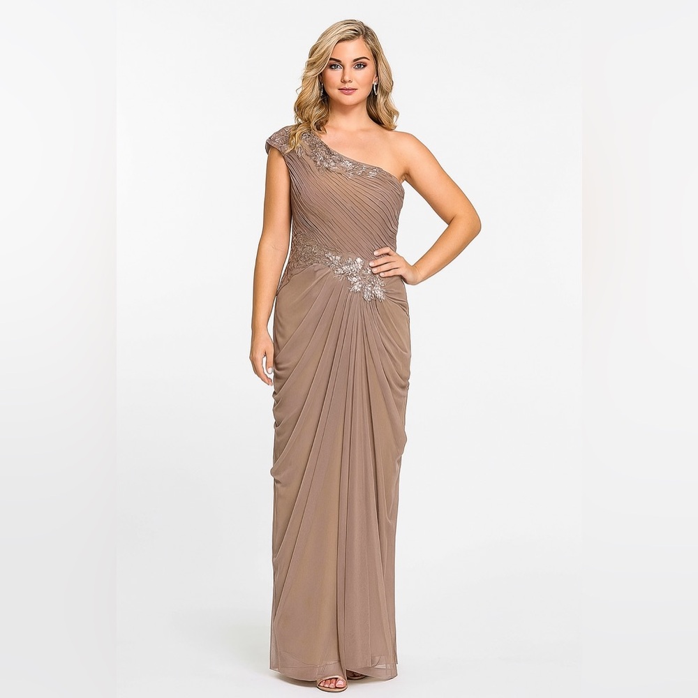 Tadashi Shoji Nude Lace and‎ Tulle Ruched One Shoulder Column Dress Sz. 10